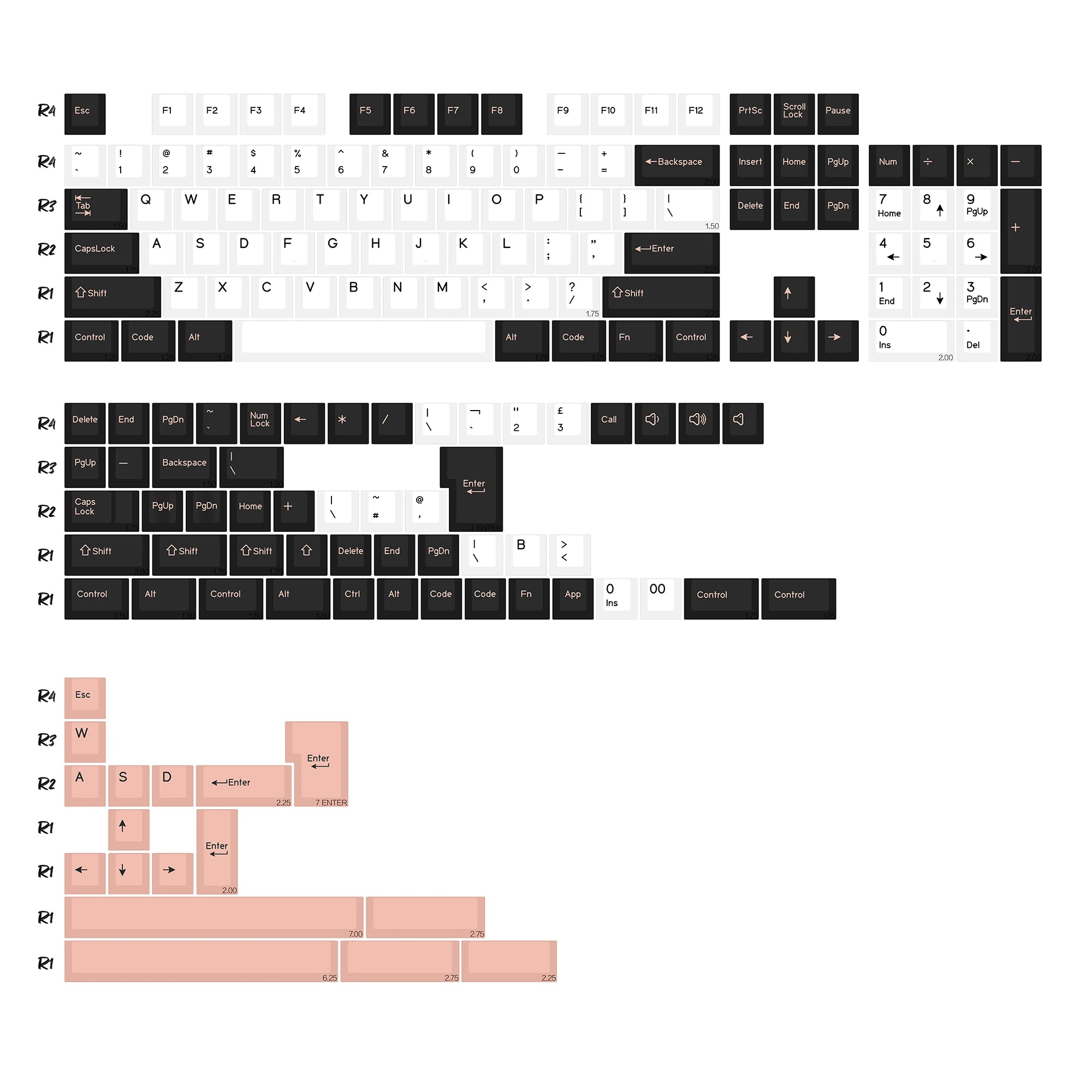 Keycaps Noir Blanc et Rose - planche de kitting
